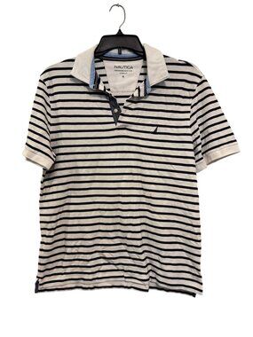 Nautica Performance Deck Shirt Classic Fit Striped Polo XL White & Navy Cotton B